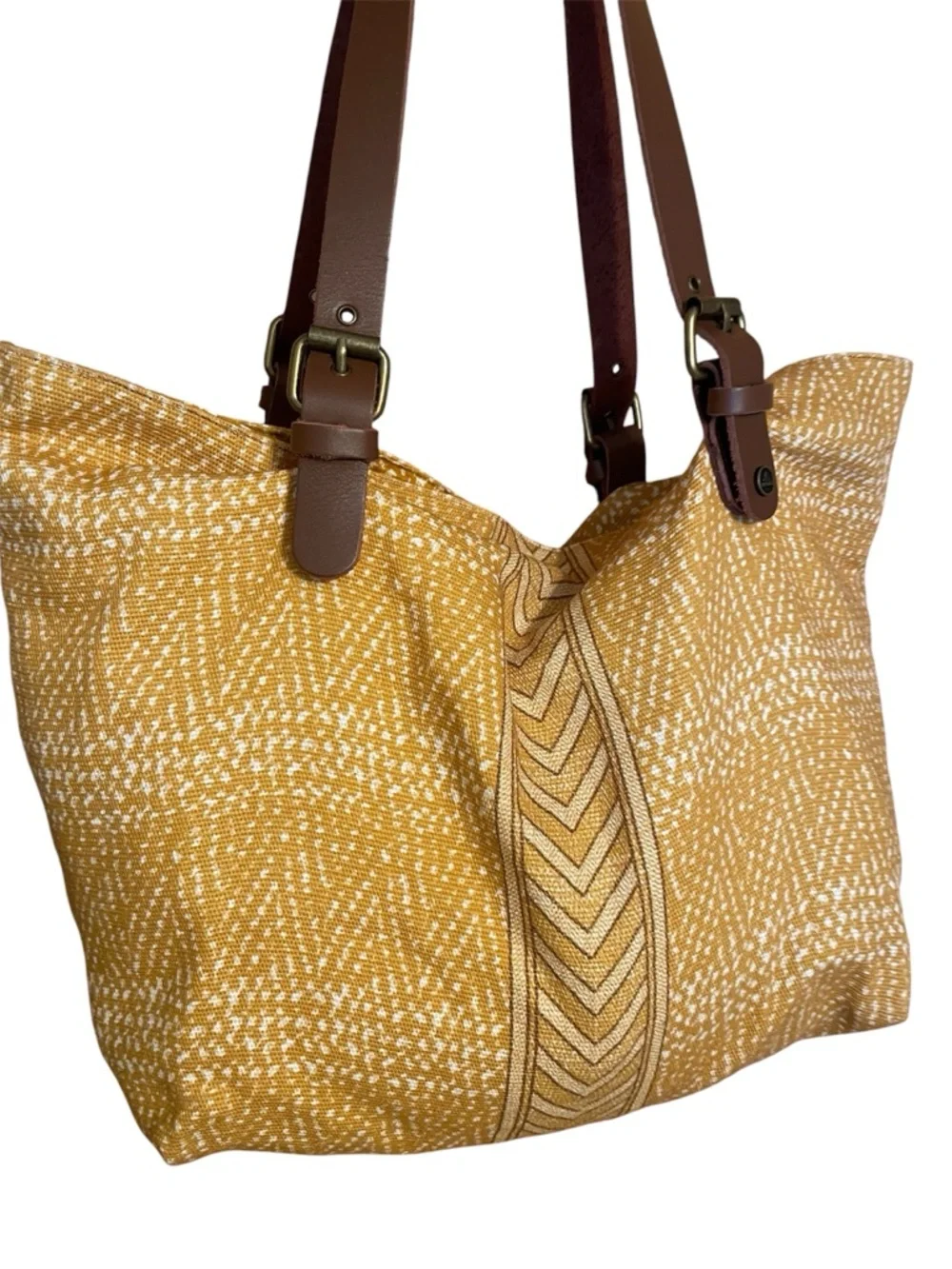 Prana Mustard Yellow Patterned Tote with Brown Straps